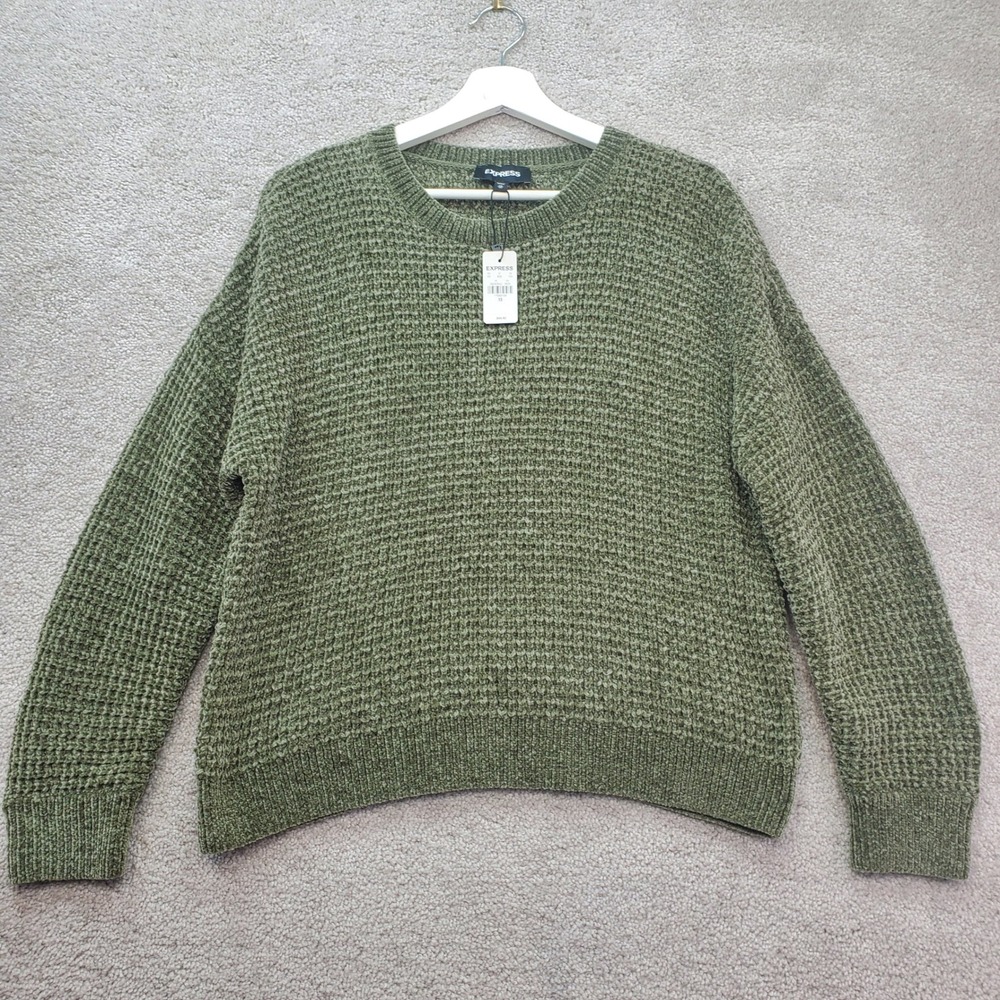 Express Chenille Sweater Womens XS Green Knitted Long Sleeve Crewneck Pullover